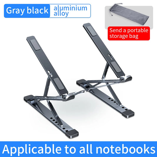 Gray laptop stand with text indicating it's made of aluminum alloy and is suitable for all notebooks.